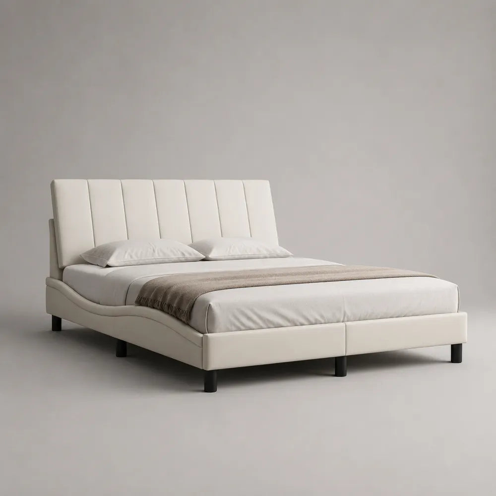 Letto matrimoniale imbottito con testiera a pannelli verticali in tessuto poliestere bianco 160 x 200 cm