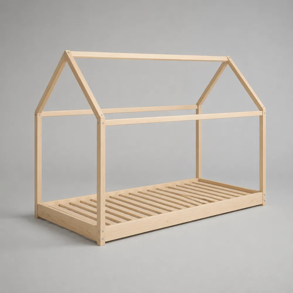 Letto a casetta per bambini in legno massello naturale con struttura a tetto e doghe 90x200 cm