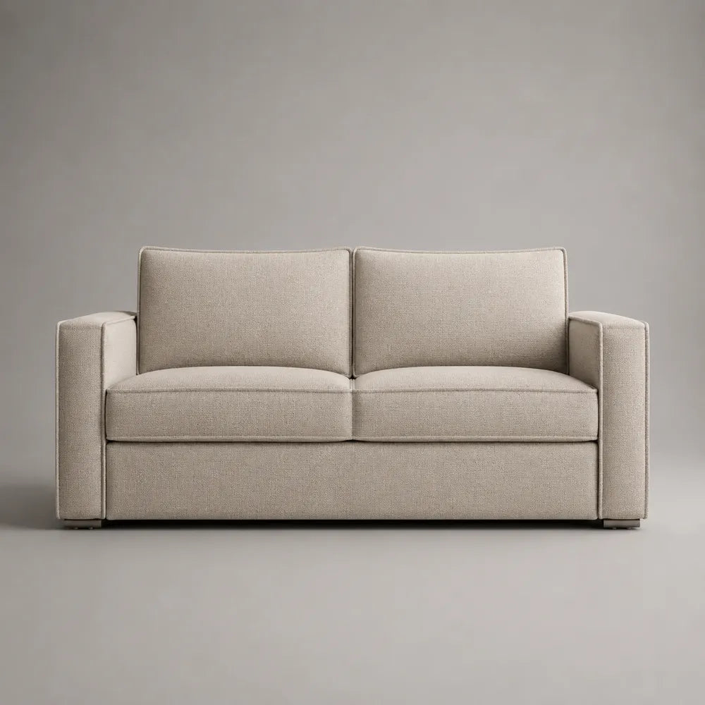 Divano 3 posti imbottito in tessuto beige con cuscini e gambe in metallo struttura rettangolare 220 x 90 x 85 cm