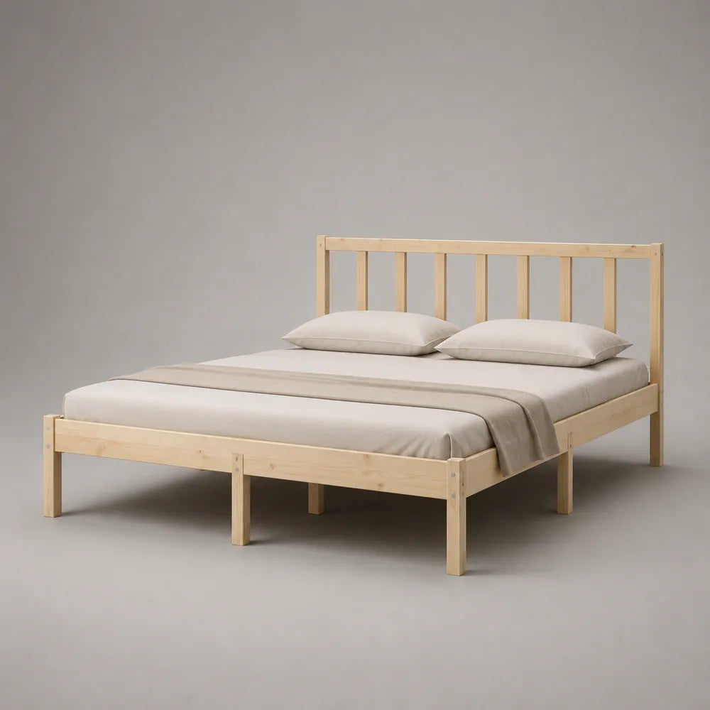 Letto matrimoniale in legno massello naturale con testiera a doghe 160 x 200 cm