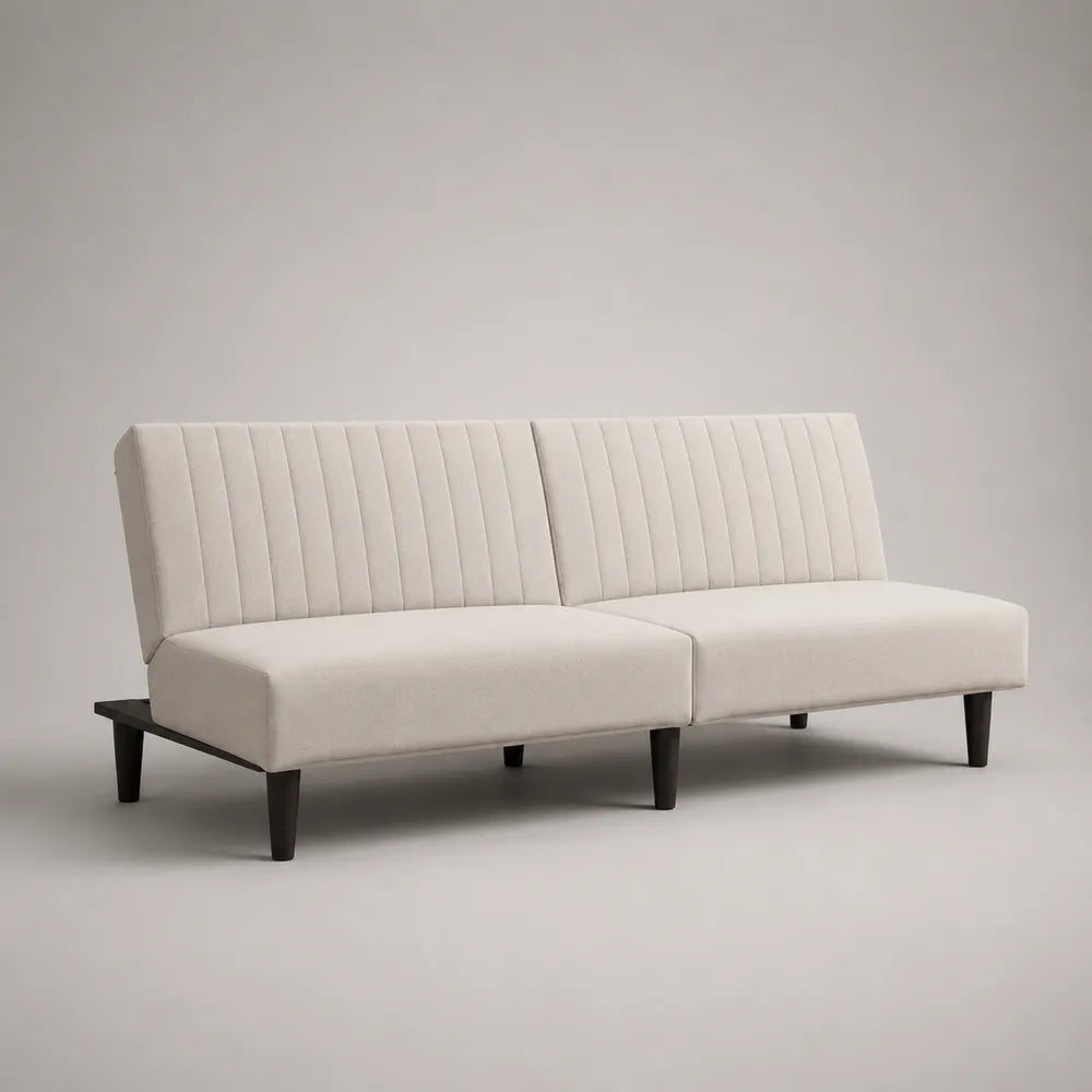 Divano letto trasformabile in tessuto poliestere beige con schienale reclinabile e gambe in legno 200x90x85 cm