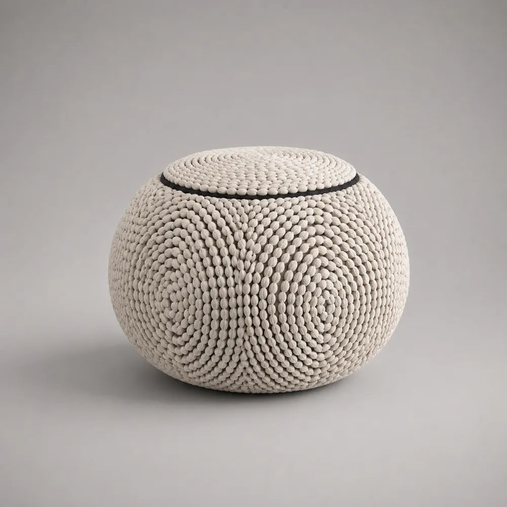 Pouf poggiapiedi rotondo in tessuto beige con imbottitura struttura cilindrica 60x60x35 cm