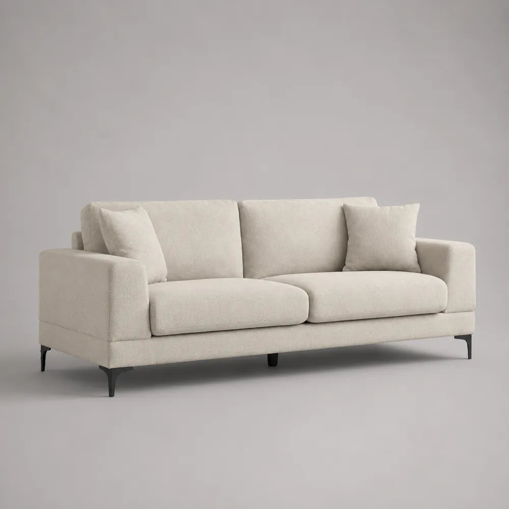 Divano 3 posti imbottito in tessuto bouclé beige con gambe in acciaio nero 220 x 90 x 85 cm