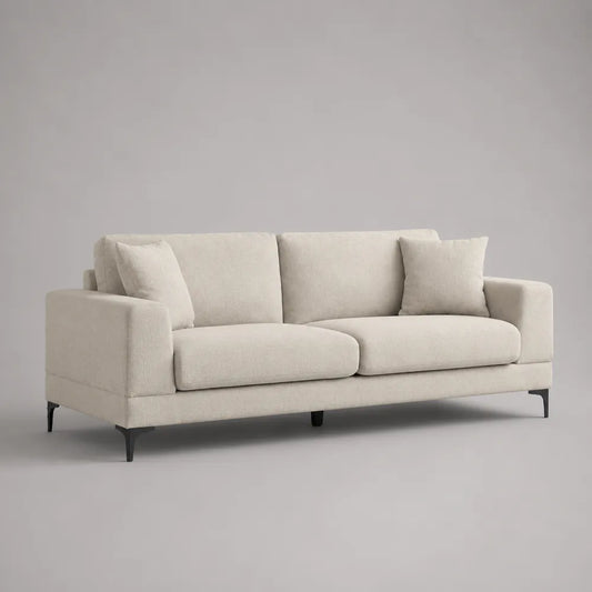 Divano 3 posti imbottito in tessuto bouclé beige con gambe in acciaio nero 220 x 90 x 85 cm