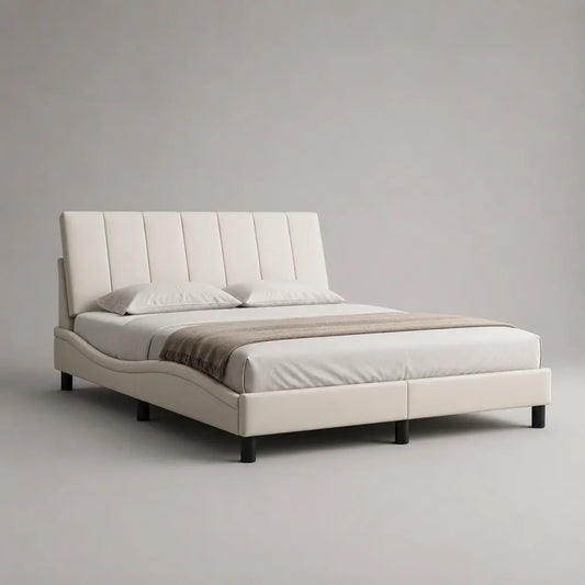 Letto matrimoniale imbottito con testiera a pannelli verticali in tessuto poliestere bianco 160 x 200 cm