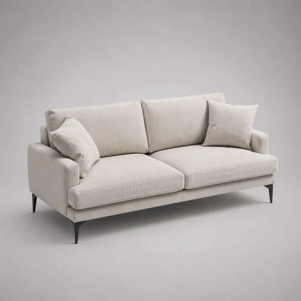 Divano soggiorno 3 posti in tessuto beige con cuscini e gambe in metallo struttura rettangolare 220 x 90 x 85 cm