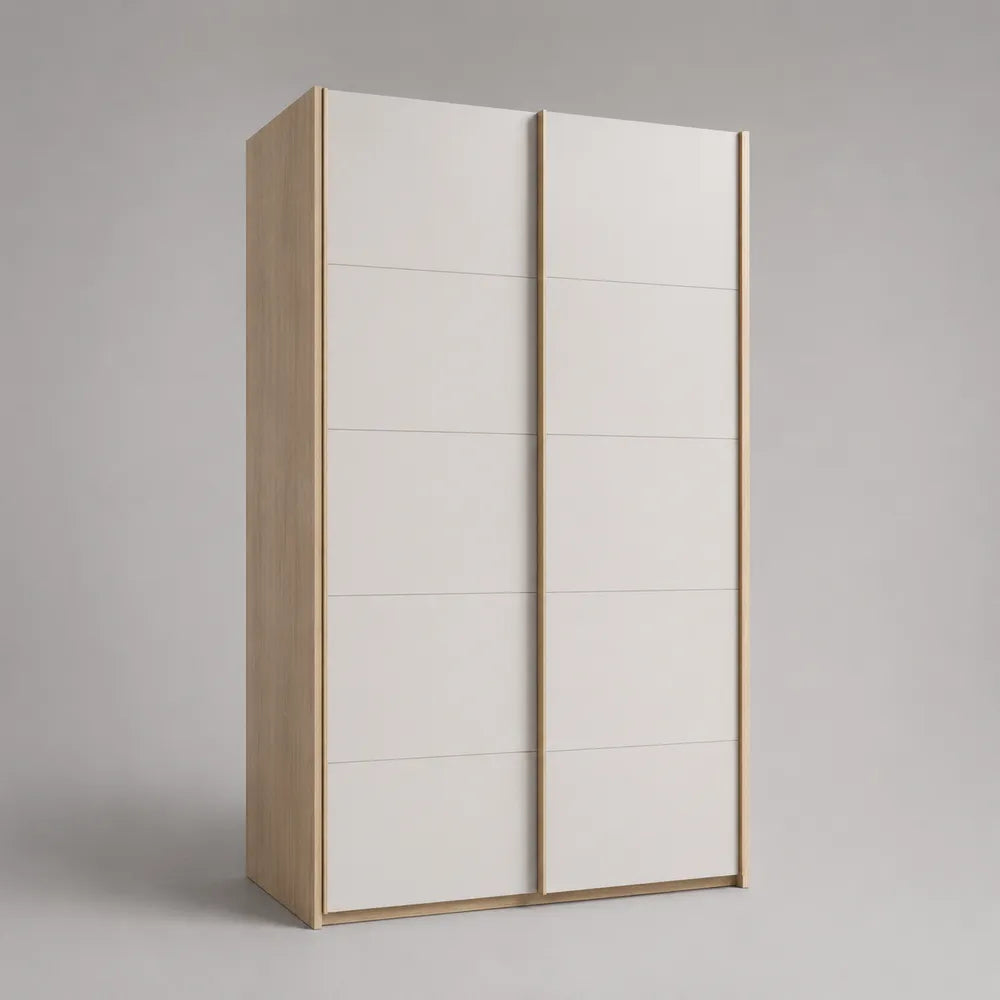 Armadio camera da letto a 2 ante scorrevoli in MDF bianco e rovere chiaro struttura rettangolare 200 x 60 x 220 cm