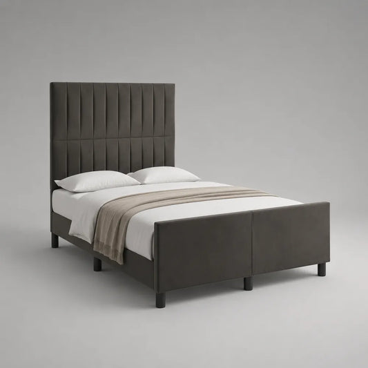 Letto matrimoniale imbottito in tessuto grigio antracite con testiera trapuntata verticale e piedini neri 160 x 200 cm