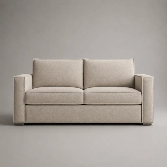 Divano 3 posti imbottito in tessuto beige con cuscini e gambe in metallo struttura rettangolare 220 x 90 x 85 cm