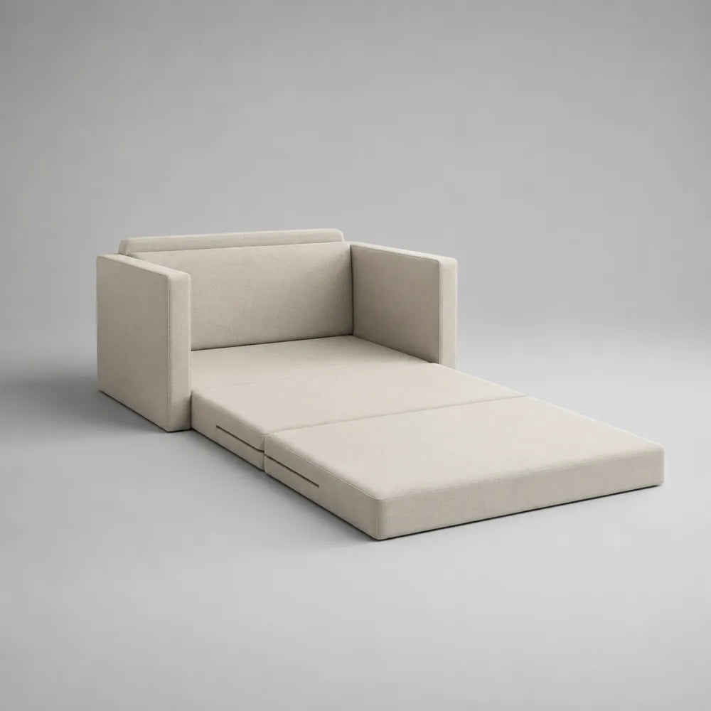 Divano letto matrimoniale imbottito in tessuto poliestere beige con struttura trasformabile 220 x 150 cm