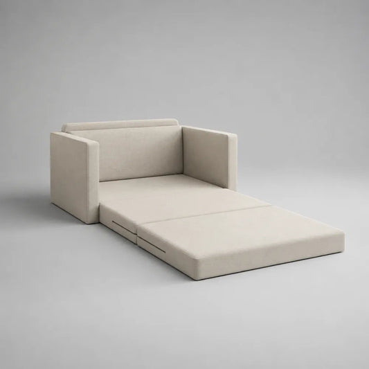 Divano letto matrimoniale imbottito in tessuto poliestere beige con struttura trasformabile 220 x 150 cm