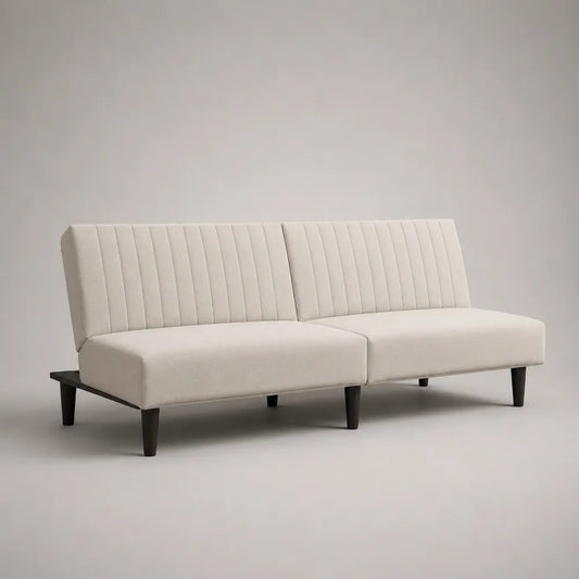 Divano letto trasformabile in tessuto poliestere beige con schienale reclinabile e gambe in legno 200x90x85 cm
