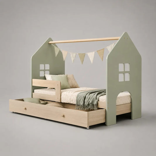Letto a casetta per bambini con cassetto contenitore in MDF e legno di pino verde chiaro e naturale 90 x 200 cm