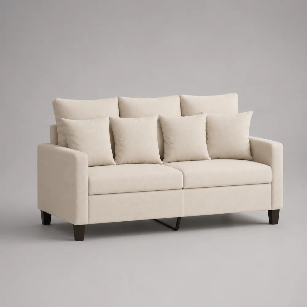 Divano 3 posti imbottito in tessuto beige con cuscini e gambe in legno struttura rettangolare 220 x 90 x 85 cm