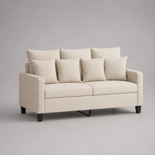 Divano 3 posti imbottito in tessuto beige con cuscini e gambe in legno struttura rettangolare 220 x 90 x 85 cm