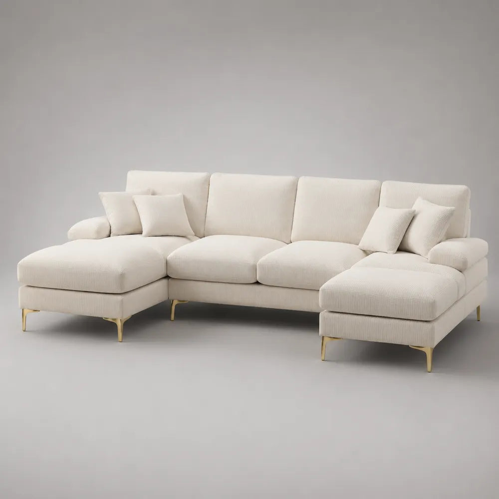 Divano angolare 5 posti in tessuto beige con chaise longue struttura a L e gambe in metallo 300x160x85 cm
