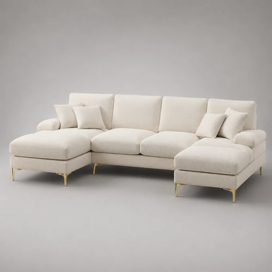 Divano angolare 5 posti in tessuto beige con chaise longue struttura a L e gambe in metallo 300x160x85 cm