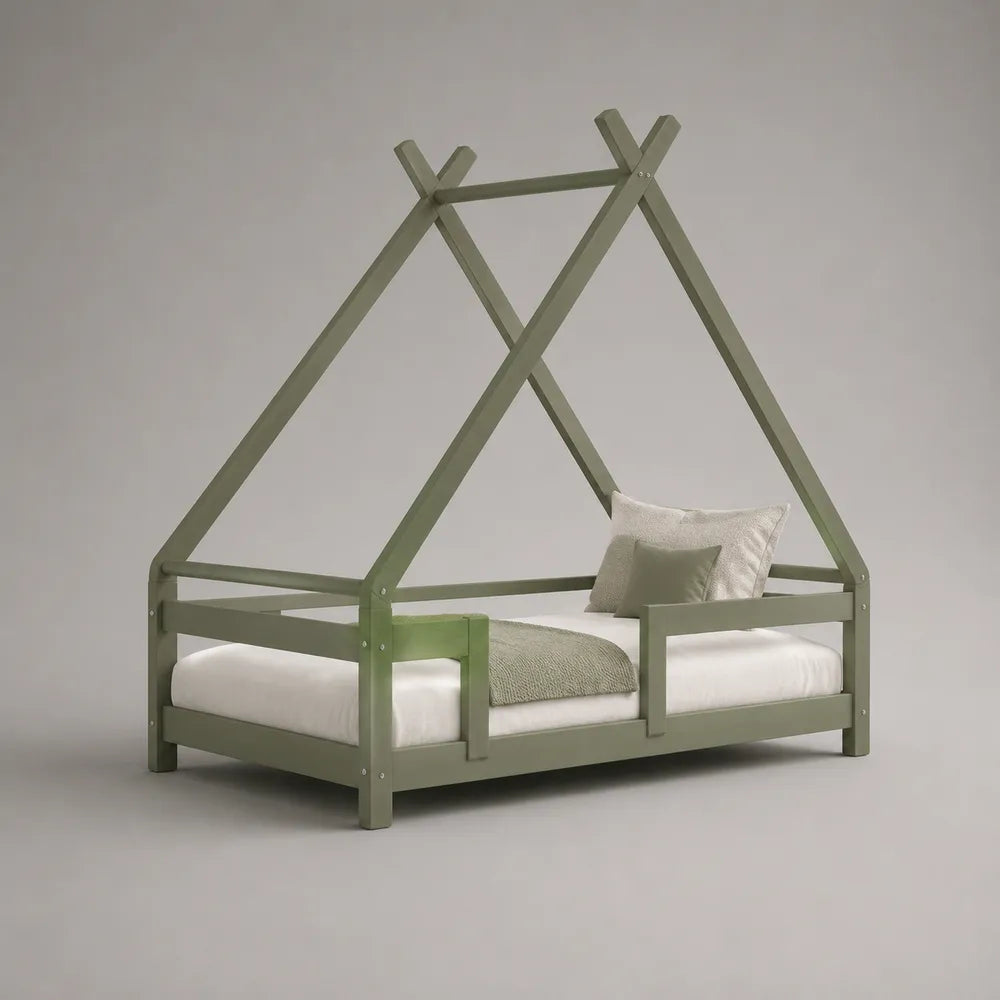 Letto a casetta per bambini singolo in legno verde con struttura a tetto 90x200 cm