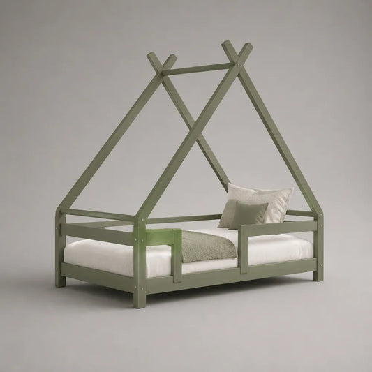 Letto a casetta per bambini singolo in legno verde con struttura a tetto 90x200 cm