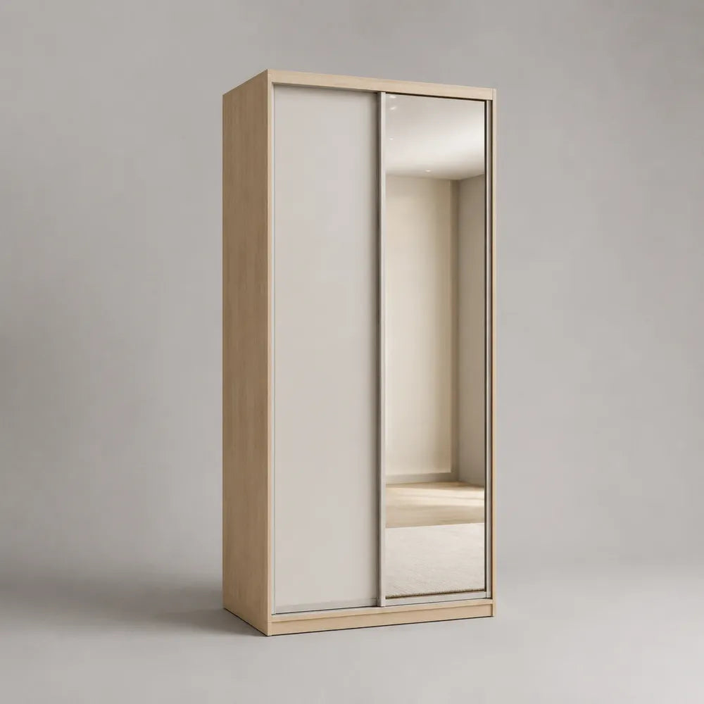 Armadio scorrevole a 2 ante con specchio in MDF effetto rovere chiaro 120 x 55 x 180 cm