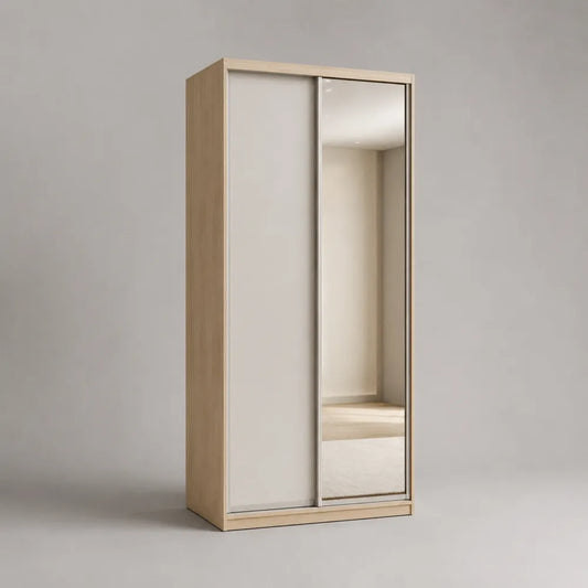 Armadio scorrevole a 2 ante con specchio in MDF effetto rovere chiaro 120 x 55 x 180 cm